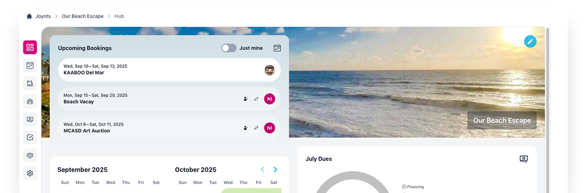 Preview of the property hub showing upcoming bookings and a main property image