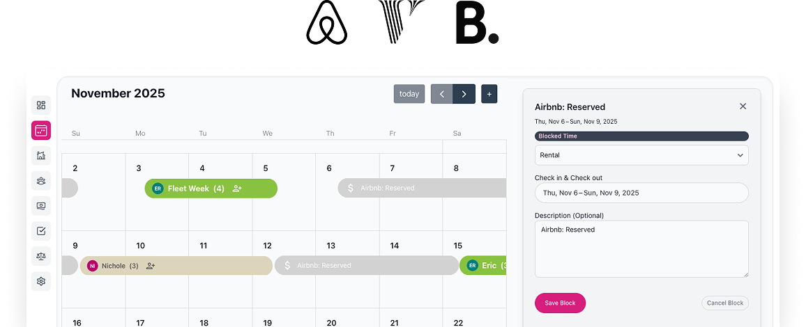 Calendar preview showing integrated Airbnb bookings with owner bookings