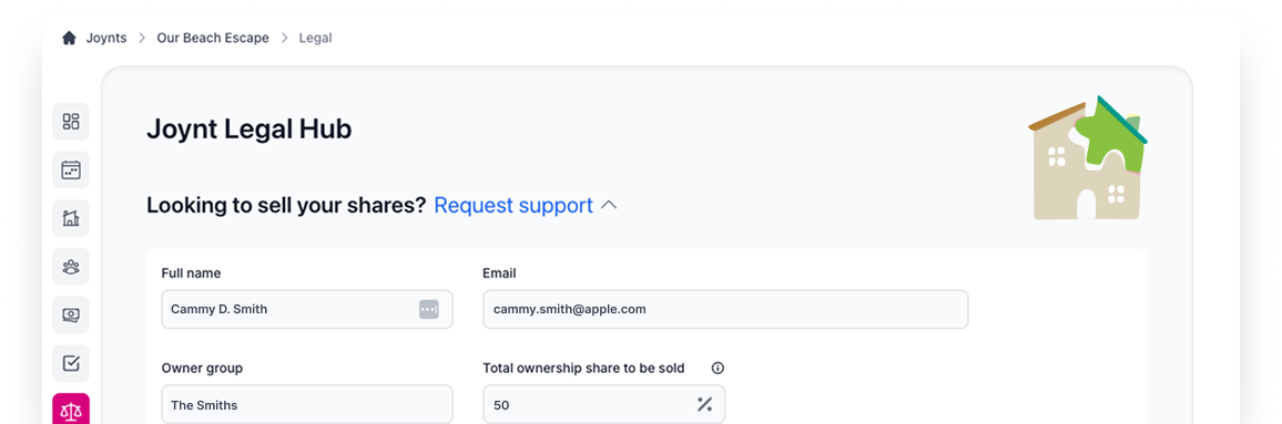Legal hub showing form to request support selling your share