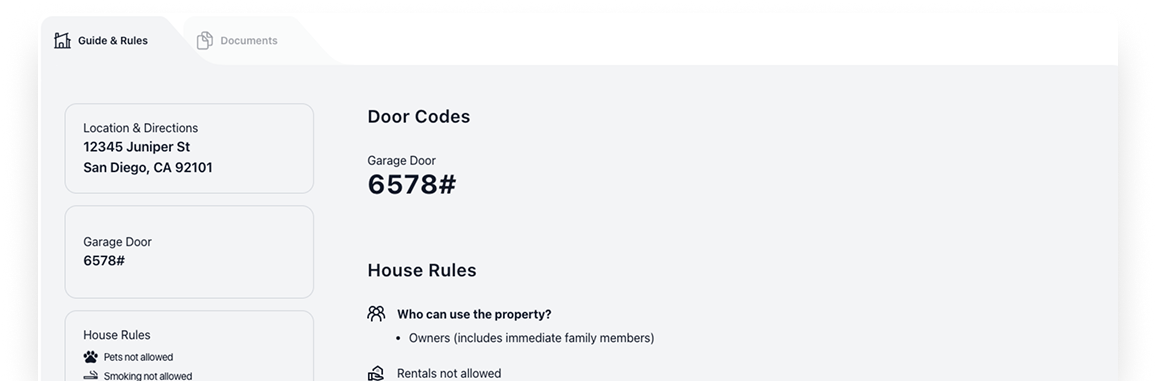 Property guide showing door codes, location, house rules.