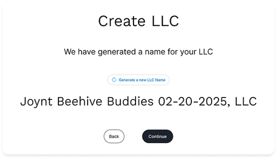 A view of the page that allows the user to generate a LLC name
