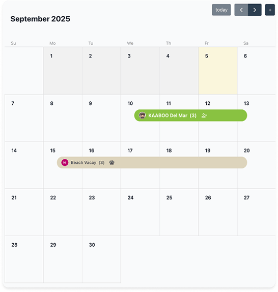 Calendar interface showing a couple bookings from different co-owners