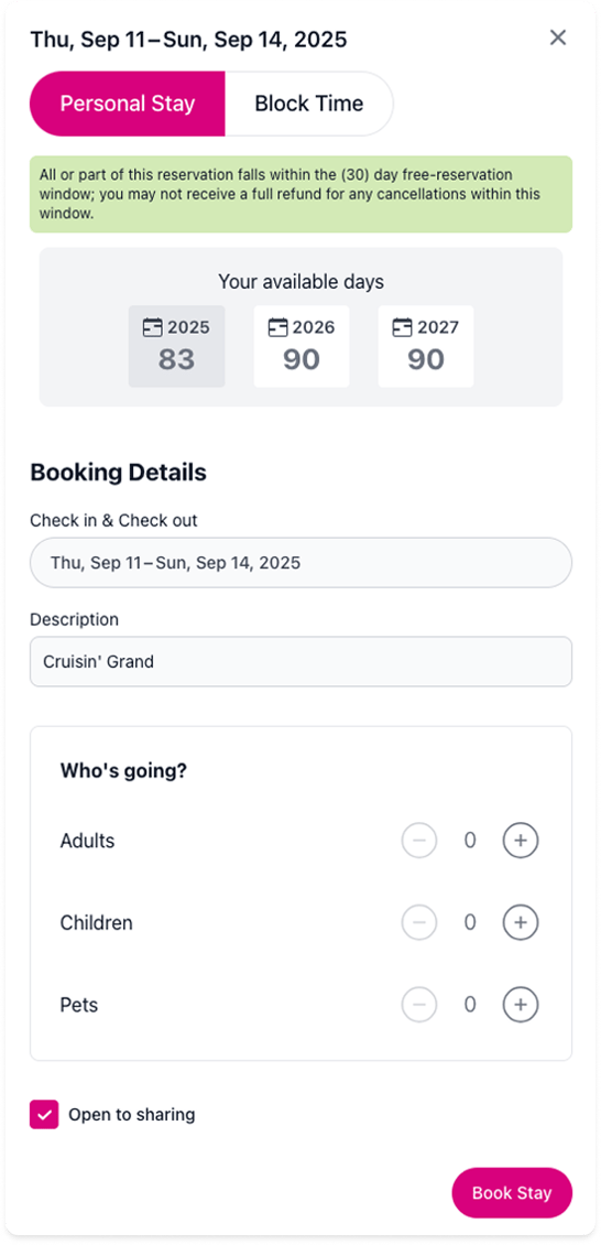 Calendar form showing your available days, booking dates, how many people staying