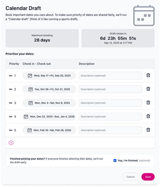 Calendar draft interface with date selection and prioritization