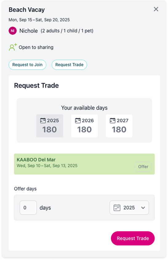Interface showing ability to request trade or to join a co-owners booking