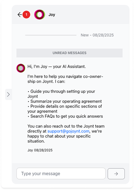 View of the AI assistant Joy channel in the integrated chat panel