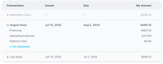 State ment transactions showing dues breakdown wit link to full statement