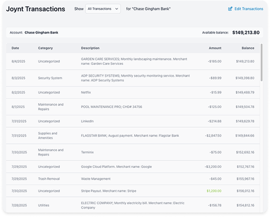 View of detailed Joynt transactions and available balance