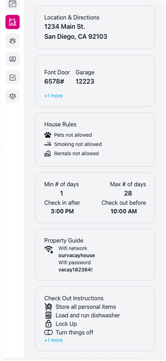 Property guide at a glance cards for house rules, property guide, checkout instructions, etc.