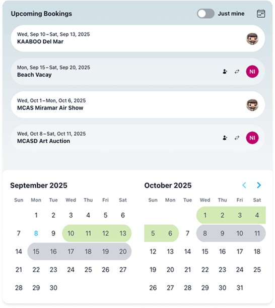 Upcoming bookings and 2 month calendar view showing bookings