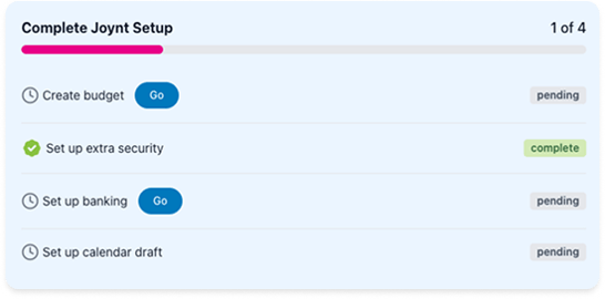 View of the initial Joynt setup task list