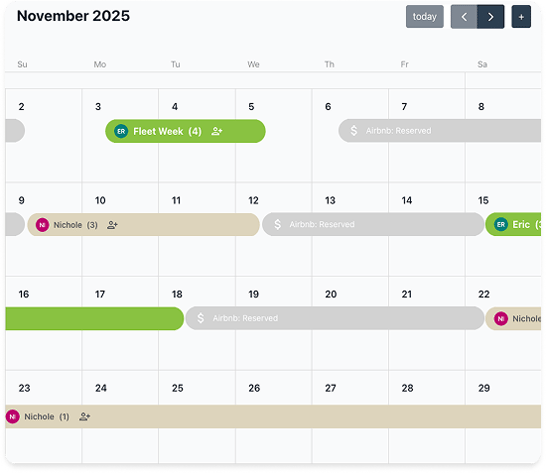 Calendar detail showing integrated Airbnb bookings with owner bookings