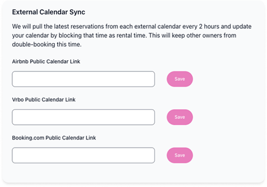 form to enter calendar links for Airbnb, VRBO, Booking.com
