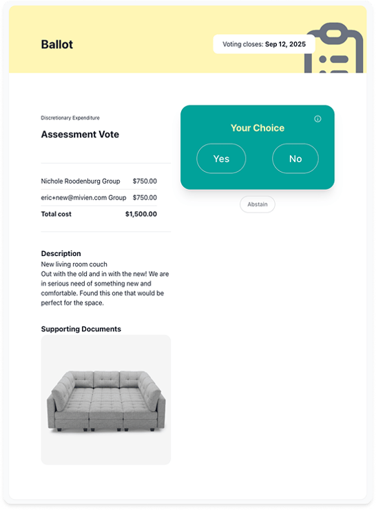 Ballot for a new couch for the house showing price and description