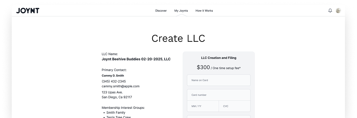 Joynt's create an LLC page preview