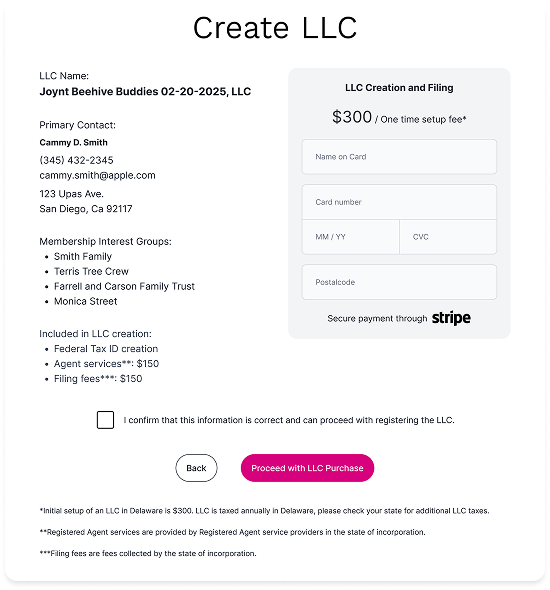 Create an LLC page showing key co-owner information and a form to pay