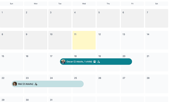 Calendar with a few bookings showing on it