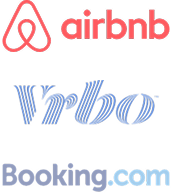 Logos for Airbnb, Vrbo and Booking.com