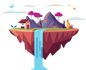 Illustration of a house with mountains, a waterfall and trees on a floating island in the sky 
