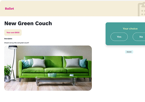 Ballot showing a proposed vote for a new  green couch.couch